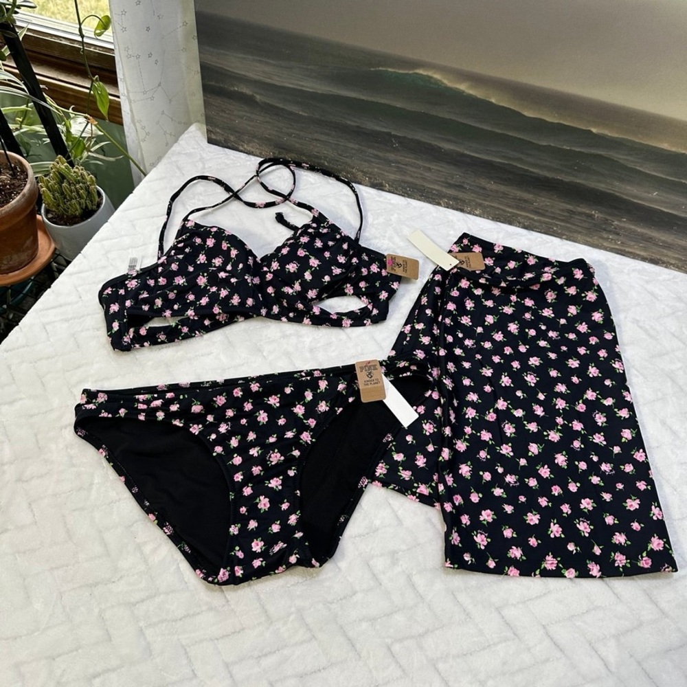 PINK Victoria's Secret Black Bikini Set with Pink Floral Print